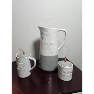Mary & Martha Blessed Pitcher Creamer Sugar Set White Grey Ceramic Farmhouse